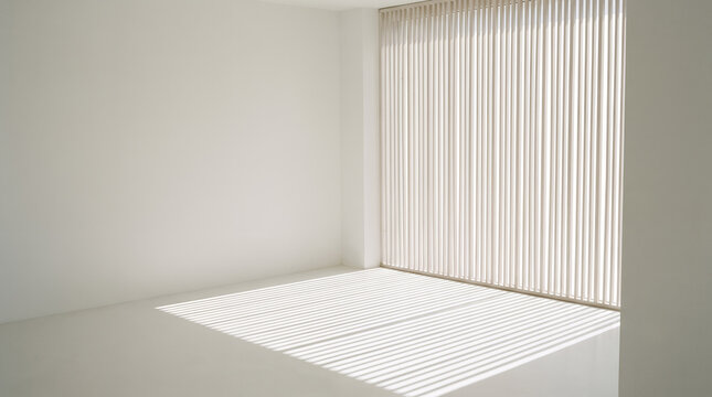 Empty white room where sunlight through vertical blinds stripes the bare floor