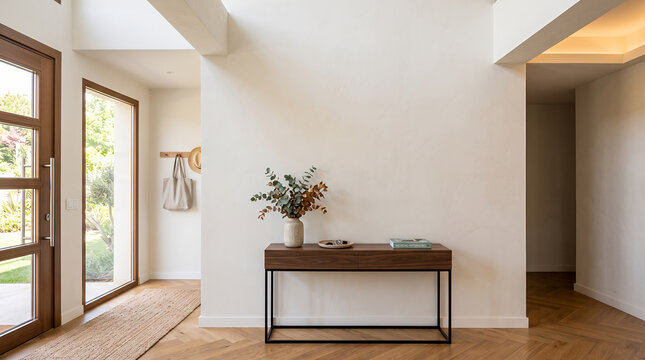 Entrance hall with a walnut console table and eucalyptus vase beside a glazed door