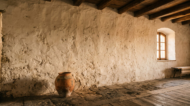 Rustic room with a terracotta jar against a rough limewashed wall and arched window