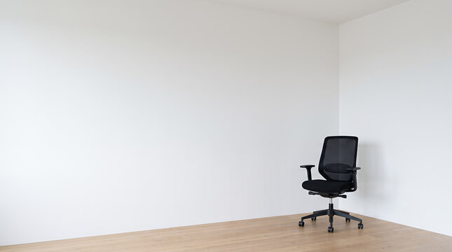 Empty office corner with a black task chair on a wooden floor