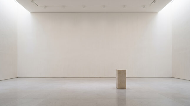 Empty white gallery interior with a single stone pedestal under track lighting
