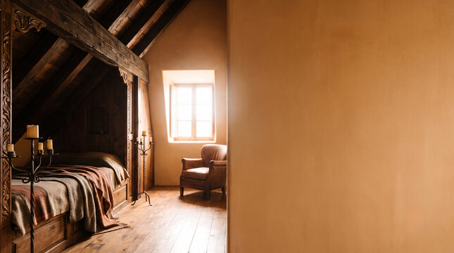 Attic bedroom with a carved bed and leather armchair glowing under dark timber beams