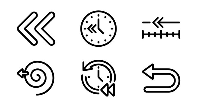 Retro Rewind Icons: Back Arrow, Clock, Timeline, Spiral, Refresh, Undo Symbols