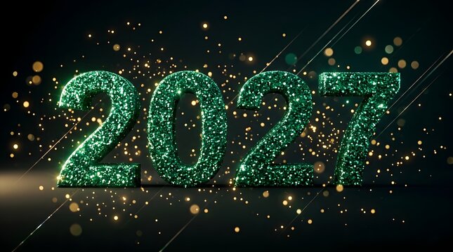 Floating 3D 2027 green glitter numbers with magical glowing light streaks and golden bokeh, background