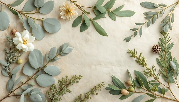Floral background with eucalyptus leaves, olive branches and white flowers on beige paper