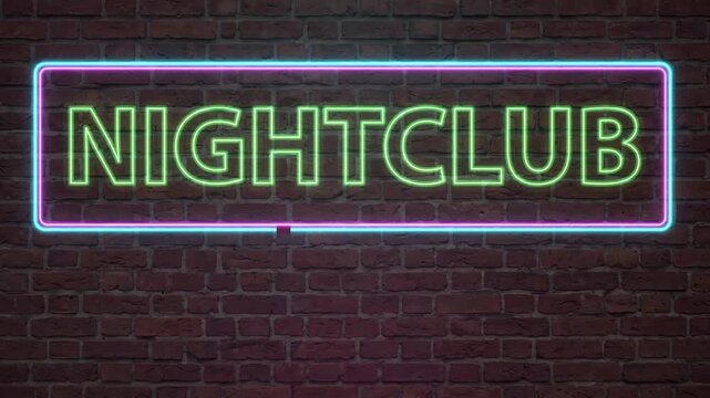 Flickering Green and Purple Neon Nightclub Sign on Brick Wall
