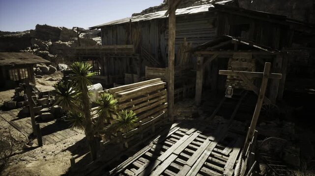Sundried wild west gate with hanging sign, dusty approach and weathered posts leading into quiet settlement textured wood and shadowed doorway evoke historic