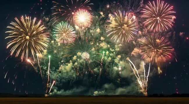 Multicolor pyrotechnic displays illuminate the dark night sky with vibrant bursts of energy during a grand celebration, marking a festive moment captured as light trails explode above