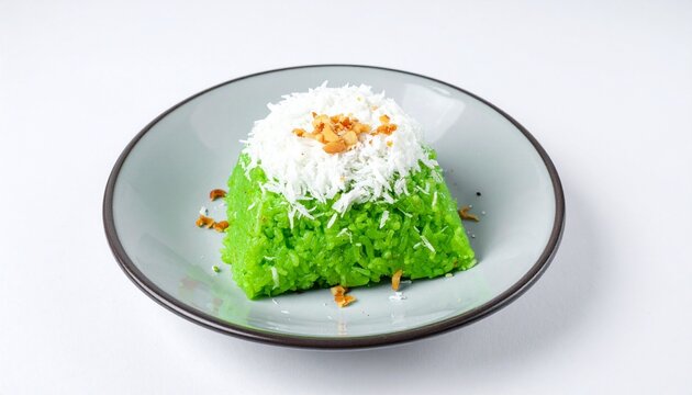 Pulut Inti sweet glutinous rice topped with coconut isolated on a white background, elegant food styling