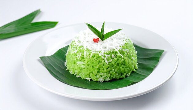 Pulut Inti sweet glutinous rice topped with coconut isolated on a white background, elegant food styling