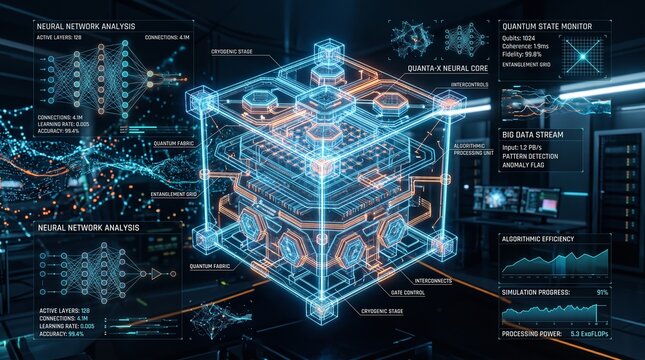 Futuristic holographic display showing complex quantum computer architecture and data analysis.