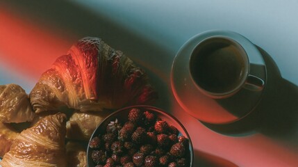 Obraz premium Flat lay of pastries and coffee on a blue surface with copy space for cafe breakfast menu, food editorial branding and bakery morning lifestyle advertisement