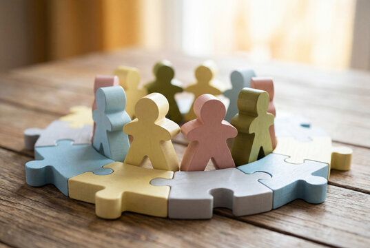 Colorful wooden figures standing in a circle on puzzle pieces representing teamwork and diversity