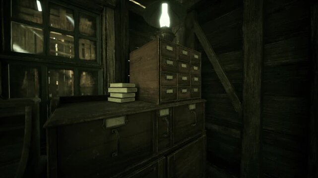 Dusty wooden archive with stacked drawers. Dim bulb casts warm glow over card catalog, worn books piled on cabinet, wooden beams framing narrow windows, heavy