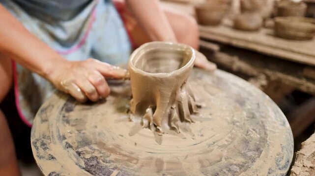 Artisan Hands Shaping Traditional Clay Pottery on a Spinning Wheel