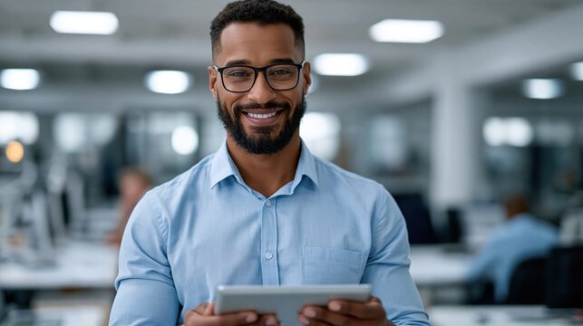 Happy young business man executive holding pad computer at work. Male professional employee using digital tablet fintech device standing in office checking financial online market data 