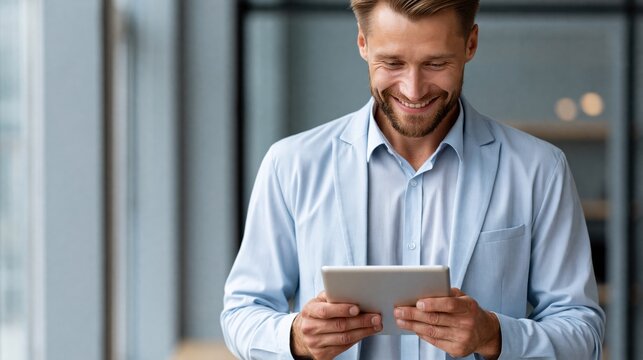 Happy young business man executive holding pad computer at work. Male professional employee using digital tablet fintech device standing in office checking financial online market data 