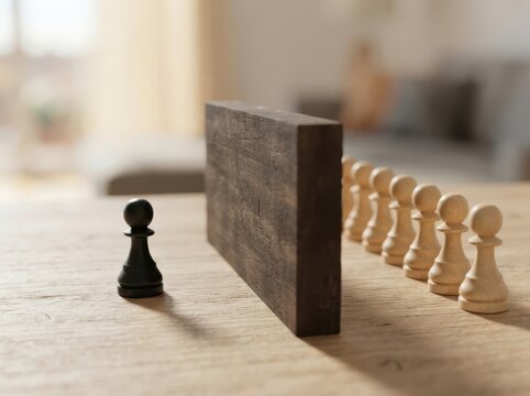 Black chess pawn facing a wooden barrier with white pawns in a line behind it, blurred home background