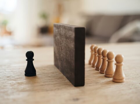 Black chess pawn facing a wooden barrier with white pawns behind it, concept of challenge and inequality