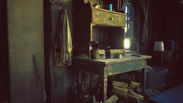 Dim abandoned workbench bathed in dusk, Namibia interior of silent homestead with cobwebbed jars, scattered boards and muted window glow, atmosphere
