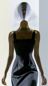 South Asian woman in a black dress with glowing light rays replacing her face, editorial surrealism for creative technology and fashion concepts