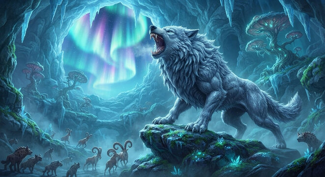 Majestic wolf howling at the aurora borealis in a fantasy magical cave