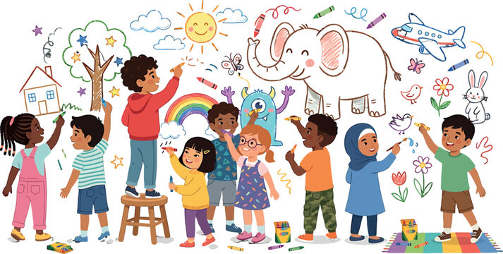 Diverse group of happy children drawing colorful pictures on a large white wall together vector illustration