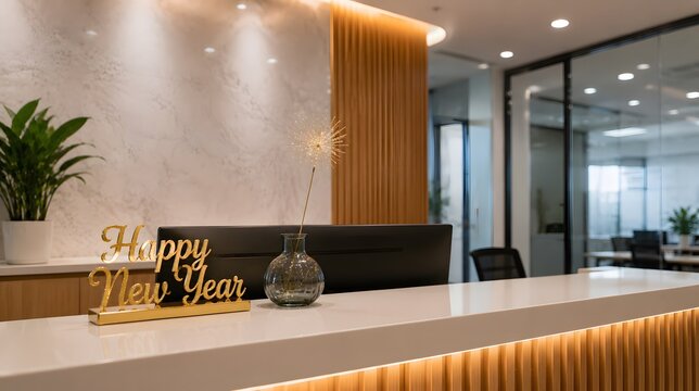 Reception desk in corporate office with happy new year sign and glass vase sculpture.