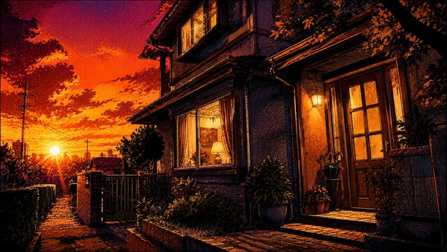 秋の夕焼け空が広がる住宅街に佇む、暖かな光が灯る一軒家の外観風景イラスト