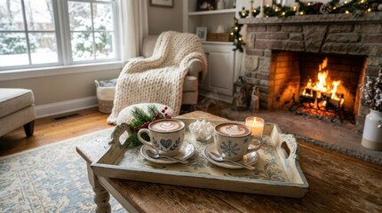 Obraz premium Cozy winter evening with hot cocoa by a warm fireplace and snowy window view