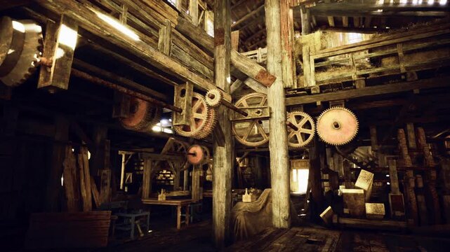 Sunlit wooden mill interior with gears and warm beams, light shafts highlighting dust motes, balanced cogs and sturdy timber structure creating inviting