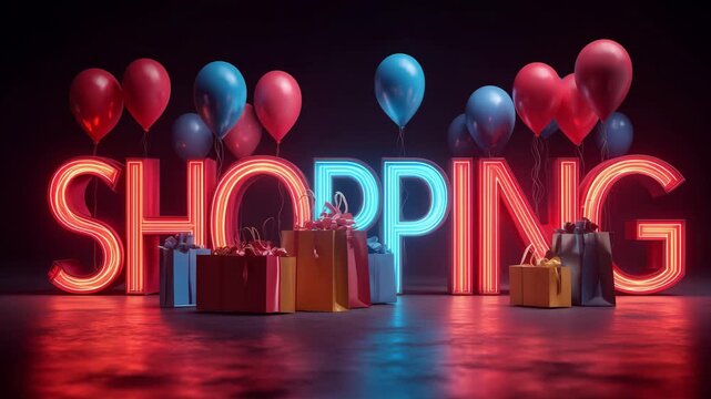 People engage in shopping surrounded by colorful balloons and gift boxes during a promotional event in a store