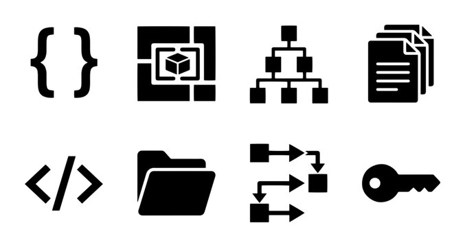 8 Programming and Data Icons, Flat, for Software Development and IT