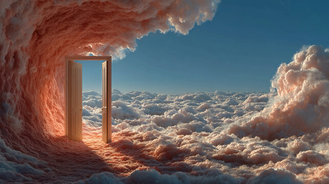 Doorway floating in mid-air abstract transition surreal passage suspended in void symbolic representation of change opportunity thresholds and metaphysical movement in space
