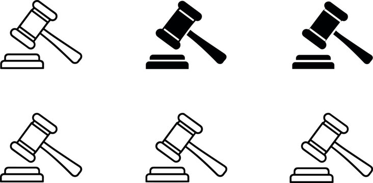 Set of judge gavel and auction hammer icons in line and solid styles isolated on white background vector illustration