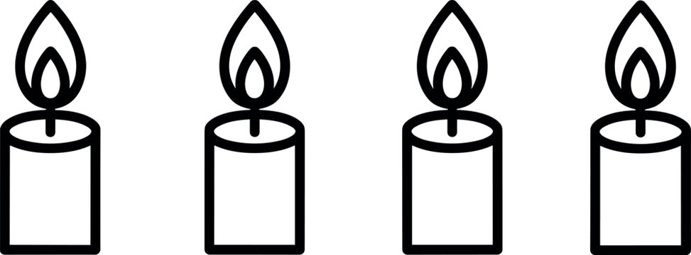 Set of four burning candle line icons with flames isolated on a clean white background vector illustration