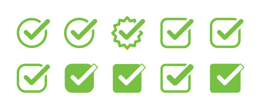 Check mark icons featuring tick symbols, editable stroke outline, solid style, approval, verification, and vector illustration.