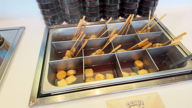 Asian Street Food Fish Cake Skewers in Hot Oden Broth