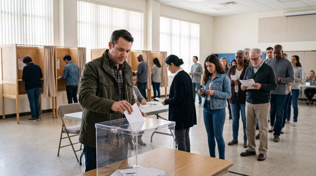 &Eacute;lecteur d&eacute;posant un bulletin dans une urne transparente au bureau de vote