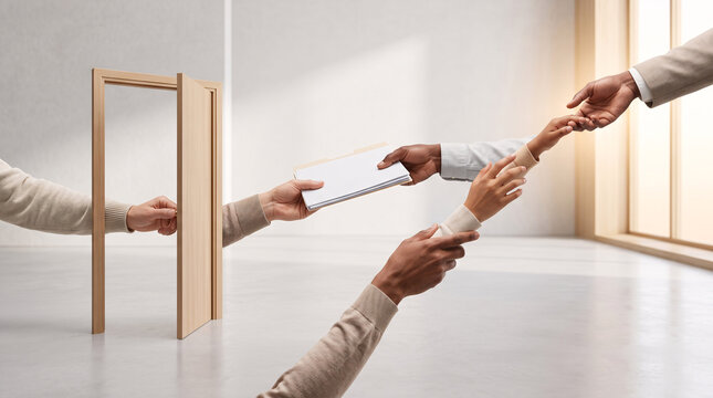 Mains &eacute;changeant des documents et de l&rsquo;aide &agrave; travers une porte symbolique