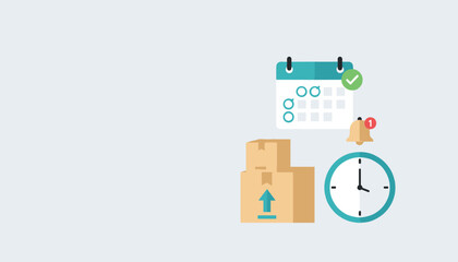 Obraz premium Flat vector illustration of delivery schedule showing calendar with checklist cardboard boxes clock and notification bell.