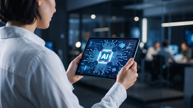 Professionnelle utilisant une tablette avec interface d&rsquo;intelligence artificielle