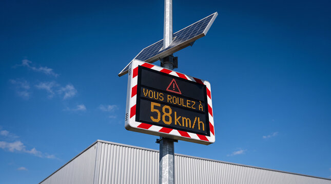 Radar p&eacute;dagogique solaire affichant une vitesse de 58 km/h