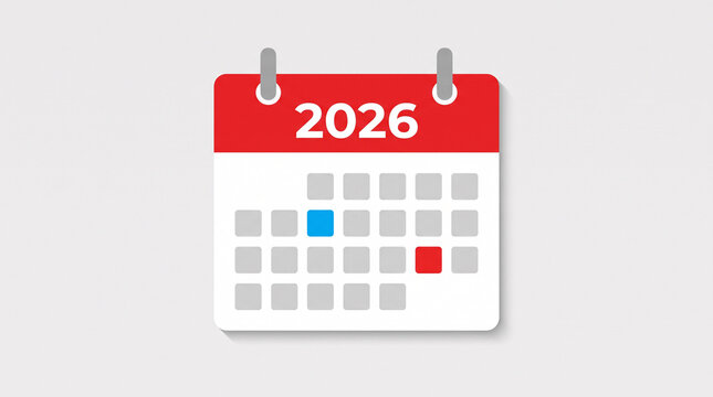 Illustration d&rsquo;un calendrier affichant l&rsquo;ann&eacute;e 2026 sur fond blanc