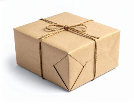 Kraft paper gift box tied with natural twine isolated on white background