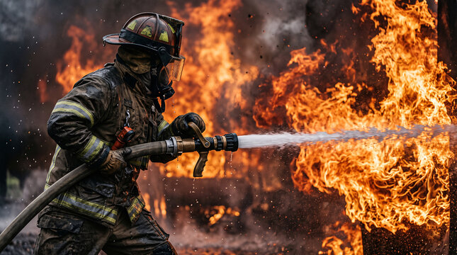 Pompier combattant un violent incendie avec une lance &agrave; eau