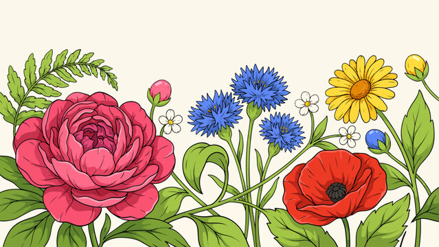 Floral ornament featuring roses poppies cornflowers and daisies in a colorful vector illustration flowers rose poppy cornflower daisy botanical