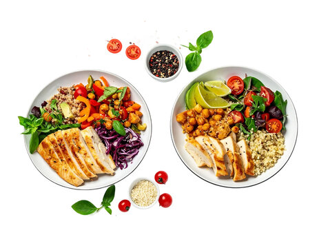 Four healthy balanced meals with fish, chicken and tofu on White Background