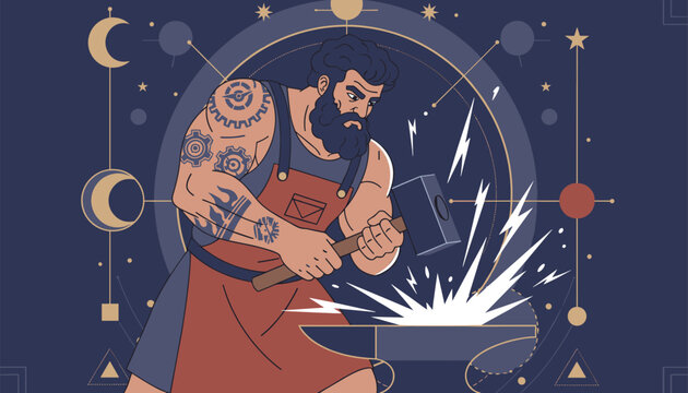 Blacksmith with tattoos hammering hot metal on anvil in cosmic dark blue background with moons and planets.