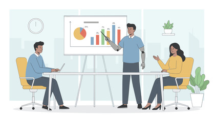 Fototapeta premium Business presentation in office where speaker with bionic arm shows financial charts to diverse colleagues.